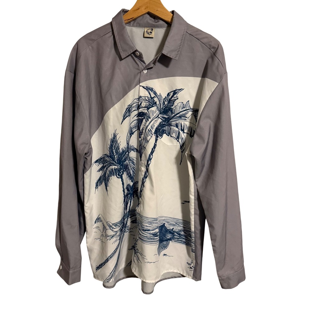 Hardaddy Mens Large Hawaiian Palm Tree Beach Scene Button Up Shirt Gray Blue